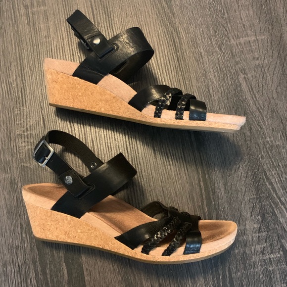 UGG Shoes - UGG Black Strappy Slingback Buckle Wedge Sandals